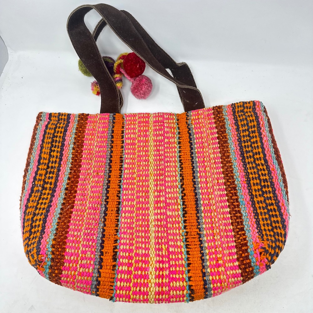 Peruvian Connection Handwoven Tote Bag Pink Striped Wool Pom Pom Boho Artisan - Picture 3 of 12